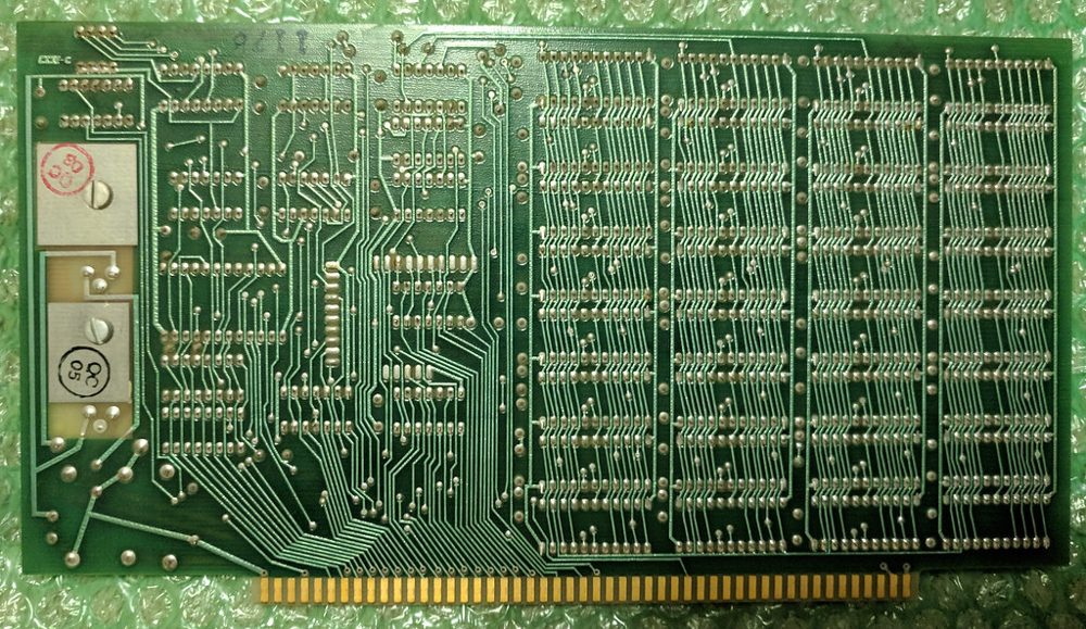 MITS 88-16MCS board, solder side, showing the traces and the gold edge connector.